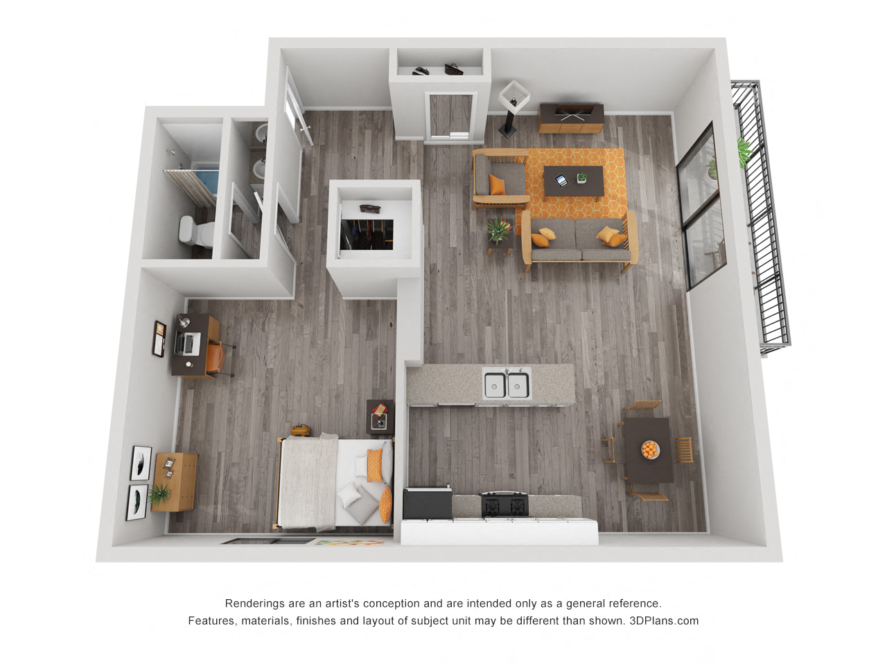 Floor plan for 1 bed, 1 bath, 797 sqft